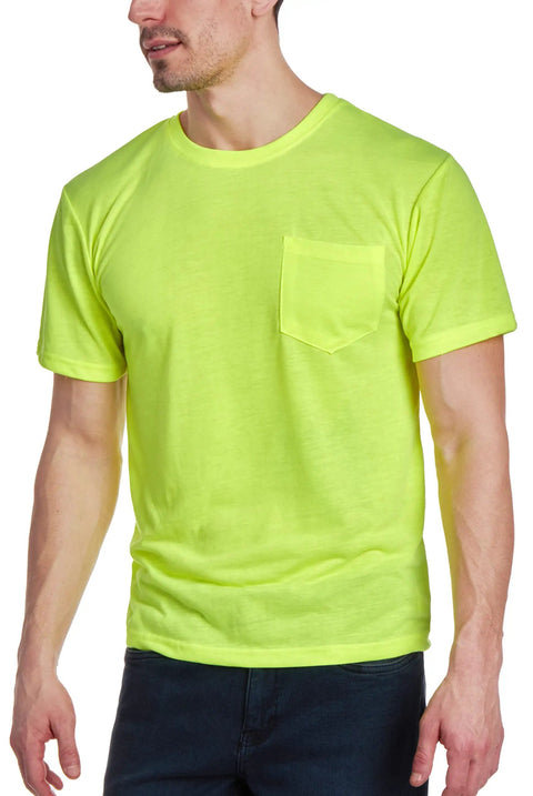 High Visibility Safety Shirts for Men 4 Pack Short Sleeve Workwear Yellow Orange Durable Heavyweight Cotton With Reinforced Seams Built to Last Through Tough Job Sites Size Medium Through 3XL shown on model.