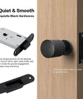 Two Pack Invisible Minimalist Door Lock With A Single Sided Black Round Handle Hidden Design installed on wood door