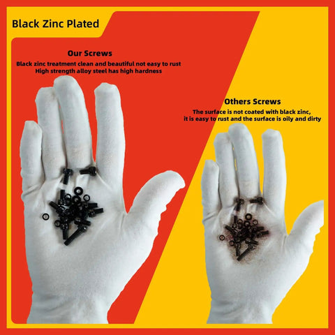 Black Zinc Coated screws and washers comparison in a gloved hand. Hardcore 2040 Piece Metric Bolt Kit Hex Socket Screws M2 M3 M4 M5 Assortment.