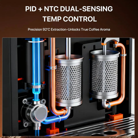 Internal view of espresso machine components, showcasing PID and NTC dual-sensing temperature control system.