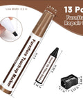 Easy Peasy Wood Furniture Repair Kit featuring six realistic tone touch up markers and wax sticks, tools and dimensions shown.