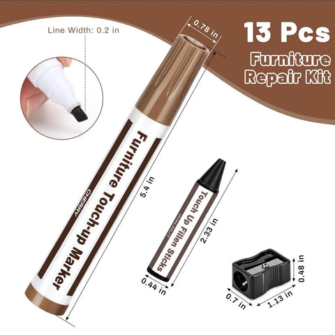 Easy Peasy Wood Furniture Repair Kit featuring six realistic tone touch up markers and wax sticks, tools and dimensions shown.