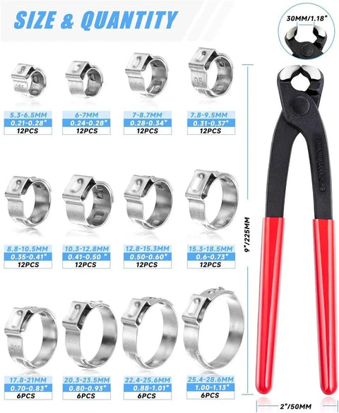 120 Piece Stainless Steel Single Ear Hose Clamp Kit With Pincer Tool, 12 Sizes For Automotive, Plumbing, Garden And Industrial Use, Durable 304