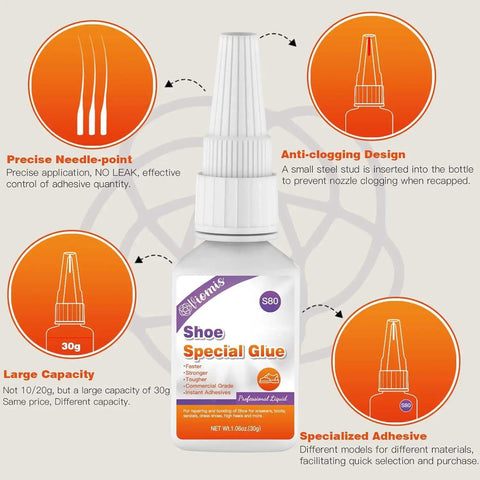 Pro Grade 30g Shoe Glue for Soles and Heels Instant Bond Clear Waterproof Quick Dry Adhesive Strong Shoe Repair Glue displayed with features