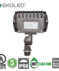 15W LED Outdoor Flood Light For Security, back view showing durable knuckle mount, UL Listing and IP66 rating labels visible.