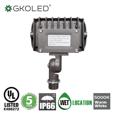 15W LED Outdoor Flood Light For Security, back view showing durable knuckle mount, UL Listing and IP66 rating labels visible.
