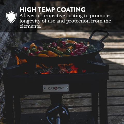 B5350A Propane Burner Cooker Heavy Duty Outdoor Stove with pan of colorful vegetables on high temp coating burner