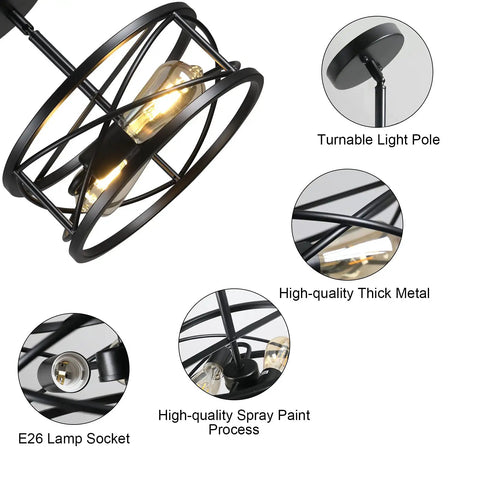 Close-up details of Farmhouse Dope Semi Flush Mount Ceiling Light Black Industrial Two Light Fixture With Metal Cage, E26 base view.