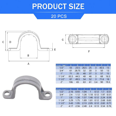 Killer One Inch Pvc Pipe Straps With Two Holes Rock Solid Conduit Clamps And Plastic Pipe Supports In Grey Color, size chart, 20 pack.
