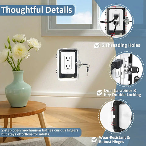 Heavy Duty Childproof Outlet Lock Box With Two Durable Keys, Tool Free Install, Black Socket Protector shown in living room