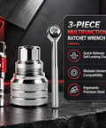 Adjustable Universal Socket Wrench For 38 Inch Drive Ratchet And Torque Adapter Three Piece Set mounted on a dark surface.