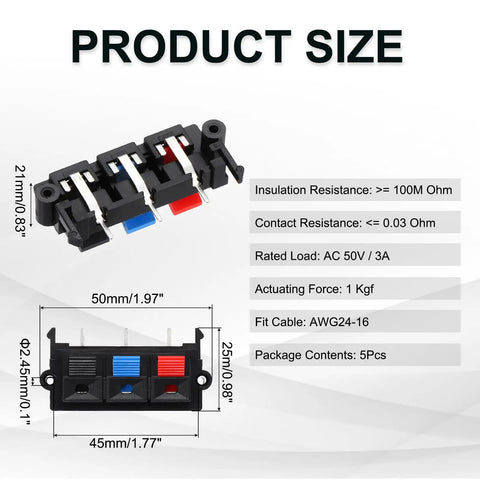 Three Way Spring Terminal Clip Push Release Connector Plate For Speaker Terminals Red Blue Black Color Coded 50mm 25mm 21mm Size With 45mm Mounting Holes WP3 19 5 Pcs Test Clips product size diagram