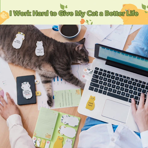 Cat Sticky Notes Set With Paw Tabs And Page Markers on a desk with laptop, sheets, and cat; cute animal divider tabs visible