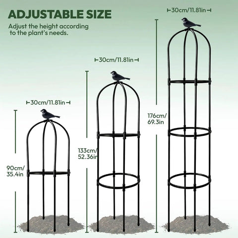 Diagram showing adjustable sizes of Two Pack Garden Obelisk Trellis For Climbing Plants 6 Foot Adjustable Height Built Tough Steel Core.