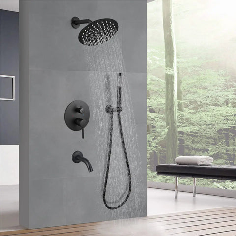 Matte Black Tub Spout With Handheld Sprayer Shower System 8 Inch Rainfall Shower Head Wall Mounted Waterfall Design Single Handle Faucet