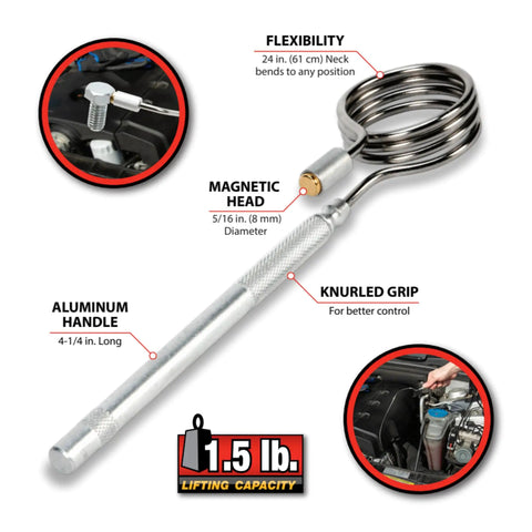24 Inch Flexible Magnetic Pickup Tool With Knurled Aluminum Handle, Bend It Any Way For Tight Corners, Lock It In Place For Easy Retrieval, Powerful Magnetic Head Grabs Small Parts Fast, A Must Have For Garage, Shop, And Automotive DIY