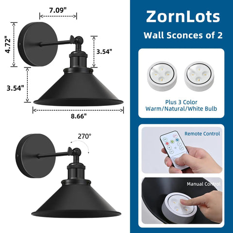 Vintage Wireless Battery Operated Wall Sconces Set Of Two, Dimmable LED Wall Lights With Nifty Remote, showcasing black indoor fixture dimensions.