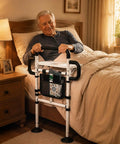 Senior using Heavy Duty Bed Rail For Elderly Safety With Dual Handles, Adjustable To 600 Lbs, Non Slip Waterproof Foam Grip