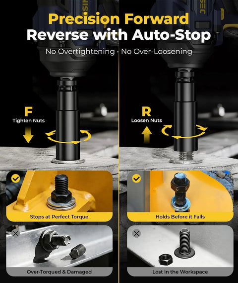 Cordless Impact Wrench With 1200 Newton Meters Breakaway Torque Half Inch Drive Brushless 21 Volt Power Tool Two 4Ah Batteries Four Speed Settings Five Sockets Heavy Duty Impact Driver For Cars Trucks Mowers demonstrating precision forward and reverse auto-stop feature in use.