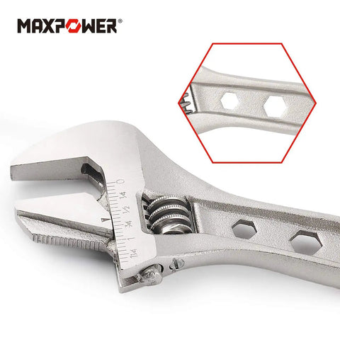 Close-up of 4 Piece Adjustable Wrench Set With Reversible Jaw And Box End Hex Function, showcasing jaw and hex feature.