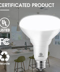 12 Pack BR30 LED Recessed Light Bulbs 1100 Lumens 85W Equivalent Dimmable Daylight 5000K in kitchen with UL certification badges