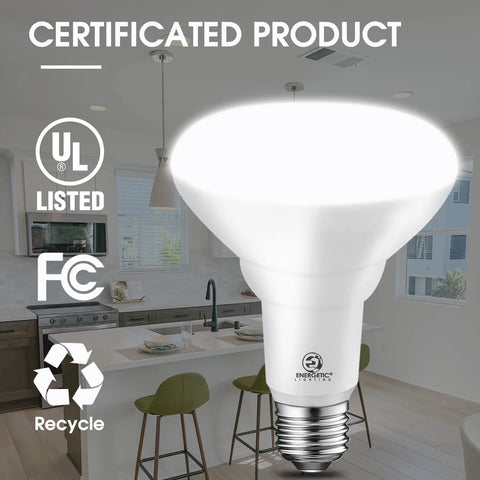 12 Pack BR30 LED Recessed Light Bulbs 1100 Lumens 85W Equivalent Dimmable Daylight 5000K in kitchen with UL certification badges