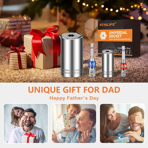Universal Socket Set 7-19mm And 11-32mm All In One Heavy Duty Super Socket with gifts, emphasizing Father's Day celebration.