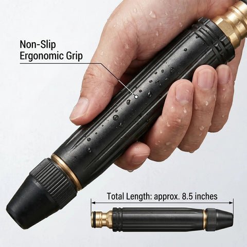 Close-up of Power Washer Hose Nozzle With Adjustable Sprayer Patterns, showing ergonomic grip and 8.5-inch length, wet hand holding