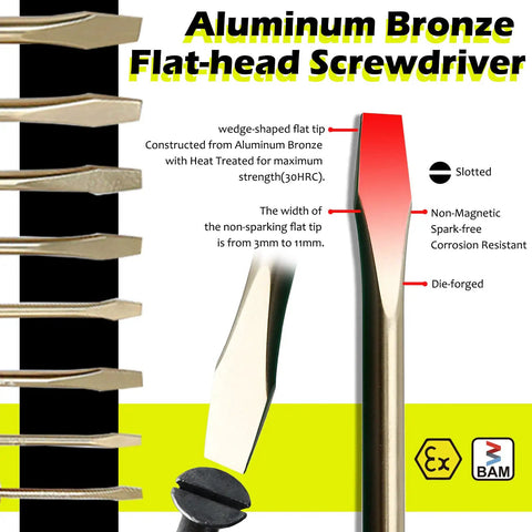 Non Sparking Slotted Screwdriver Aluminum Bronze Die Forged 178mm 7 Inch 5mm Tip With Ergonomic Grip Handle details diagram