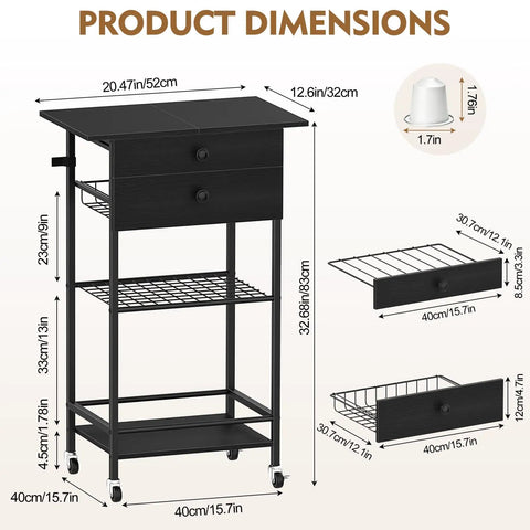 Slick Black Five Tier Coffee Cart Compact Game Changer Bar Station For Tiny Kitchens with product dimensions and features.