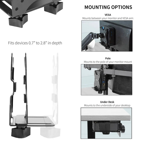 Slick And Durable Mini PC Mount Bracket Providing A Rock Solid VESA Under Desk And Monitor Arm Computer Holder For Thin Client CPU Docking Station No Sweat Setup Black, showcasing mounting options for different setups.
