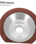 Diamond Cup Grinding Wheel Perfect For Metal And Stone Sharpening Tasks showing a circular grinding disc with a silver center and red outer edge.