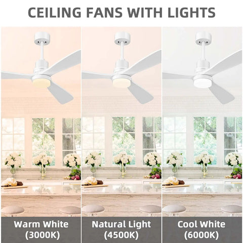 52 Inch White Ceiling Fan With Light Remote Control For Indoor Outdoor Use, displaying warm, natural, and cool light settings in a room.