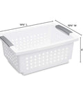 Medium Stacking Baskets Pack Of 6 With White Finish And Titanium Accents, Durable Plastic Organizer Bins with dimensions marked