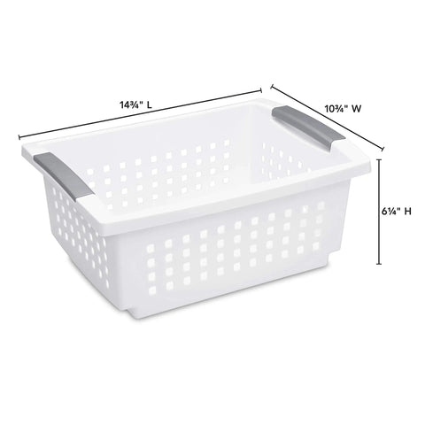 Medium Stacking Baskets Pack Of 6 With White Finish And Titanium Accents, Durable Plastic Organizer Bins with dimensions marked