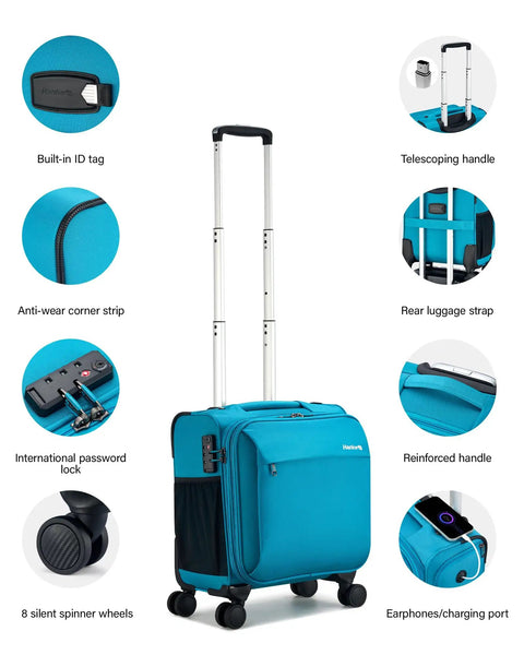 Underseat Carry On Luggage With Wheels 16 Inch Softside Suitcase with telescopic handle and charging port, Caribbean Blue