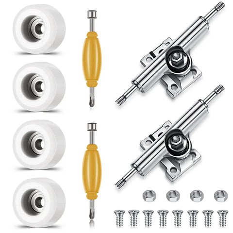 Eight Piece Fingerboard Bearing Wheels And Tool Kit White Wheels With Alloy Racks And Screwdrivers Plus Nut Drivers For 34mm Wide Decks