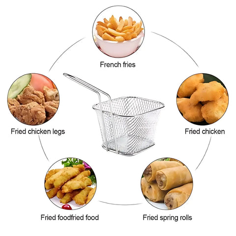 Eight Pack Mini Square Fry Baskets For Fries And Sides, chrome-plated iron wire, surrounded by fries and fried foods.