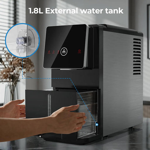 Countertop Nugget Ice Maker With Self Cleaning and 1.8L water tank, showing hands opening the ice compartment