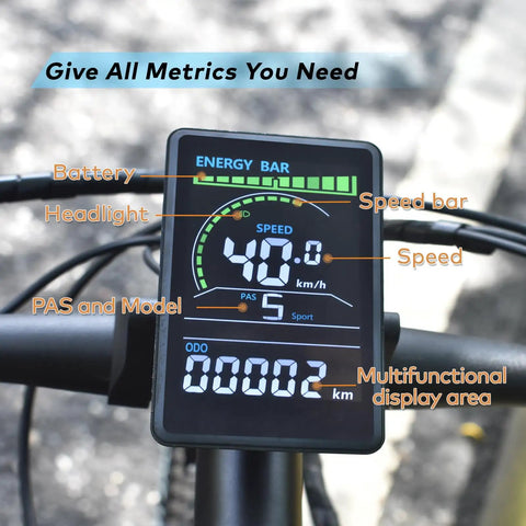 Ebike Display M6C UART No 2 Protocol LCD Cycling Computer on bike showing speed and metrics, colorful acrylic housing