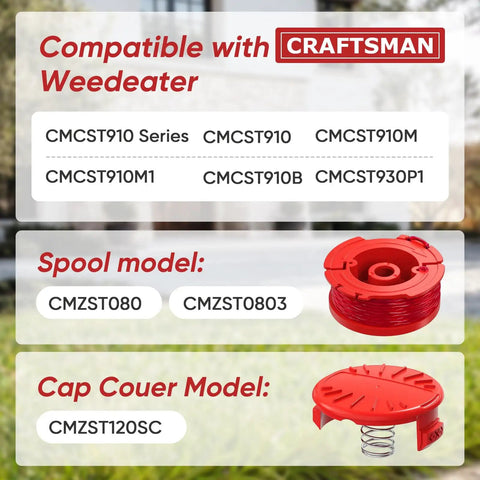Image showing compatibility chart for Craftsman Weed Eater, including 8 Pack 0.080 Inch 20 Ft Auto Feed Weed Eater String Line For Craftsman Weed Wacker CMCST910 Series Universal Fit Replacement CMZST080 CMZST0803 Compatible.