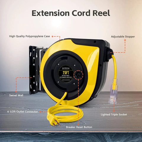 Heavy Duty Retractable Extension Cord Reel Rolls Up Crisp Saves Floor Space Delivers Serious Muscle For Garage Or Shop With 75 Foot 14 Gauge Cable Lighted Triple Outlets And 10 Amp Breaker in high quality polypropylene case with swivel wall mount.