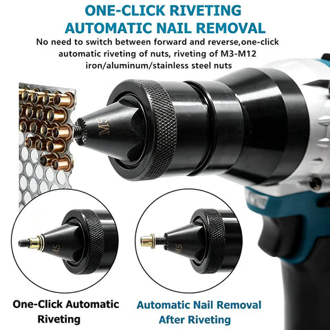 Automatic Cordless Rivet Nut Gun Battery Powered Electric Fastener Tool For No Sweat M3 To M12 Threaded Inserts showing one-click automatic riveting and nail removal.