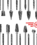 Tungsten Carbide Rotary Burr Set 20 Pc One Eighth Inch Shank Double Cut Bits for Die Grinders and Dremel, various shapes