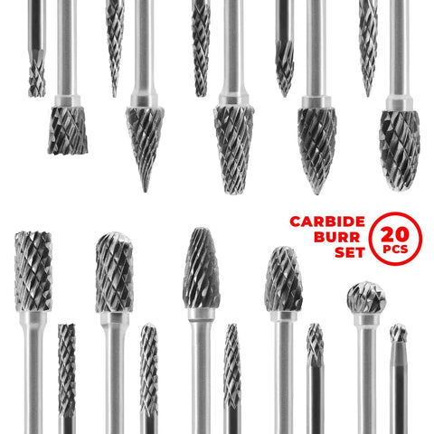 Tungsten Carbide Rotary Burr Set 20 Pc One Eighth Inch Shank Double Cut Bits for Die Grinders and Dremel, various shapes