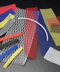 Assorted colored sleeve web netting samples, including red, for MINICOIL SW Series Standard Duty Sleeve Web Netting Designed To Stretch And Fit OD Seven And A Half Inches To Nine Inches 40 Ft Red PE-LD Flexible Netting With Non-Slip Grip For Scratch And Impact Protection.