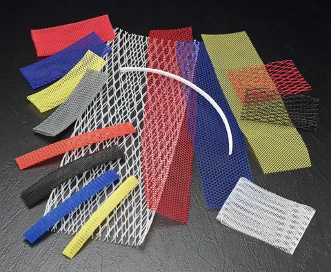 Assorted colored sleeve web netting samples, including red, for MINICOIL SW Series Standard Duty Sleeve Web Netting Designed To Stretch And Fit OD Seven And A Half Inches To Nine Inches 40 Ft Red PE-LD Flexible Netting With Non-Slip Grip For Scratch And Impact Protection.