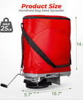 Handheld Seed Spreader With 25 Pound Bag Upright 3D Frame For No Spill Seed Spreading Flow Control Side View Size Chart