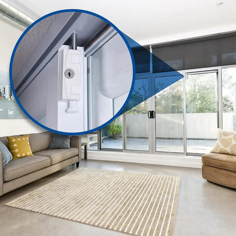 Living room with close-up of White Hardened Keyed Bolt Sliding Patio Door Lock Surface Mounted For Wood And Metal Doors.