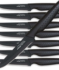 Eight Piece Steak Knife Set with Stainless Steel Serrated Blades, Rust Resistant Nonstick Coating, Elegant Black Handles displayed